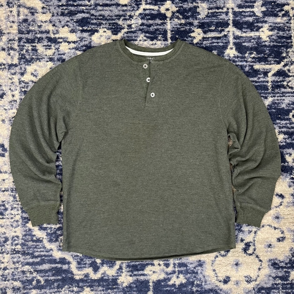 Faded Glory Mens Olive Green Waffle Knit Henley Shirt Long Sleeve Large 42/44
